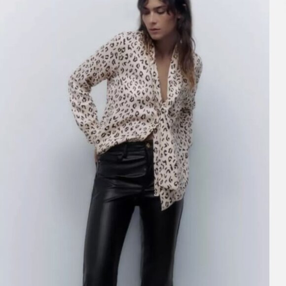 ZARA Oversized Leopard Animal Print Satin Tie Neck Blouse Top Shirt Sz M - Picture 8 of 10